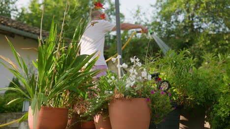 Woman-gardener-irrigates-potted-patio-plants-on-warm-summer-morning-low-angle