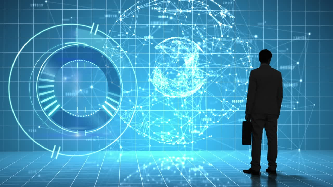 둥근 스캐너의 애니메이션과 전 세계 연결 네트워크에 대한 사업가의 뒷면