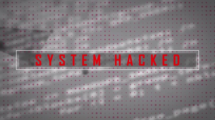 Animation of system hacked text banner, plexus networks and data processing against grey background