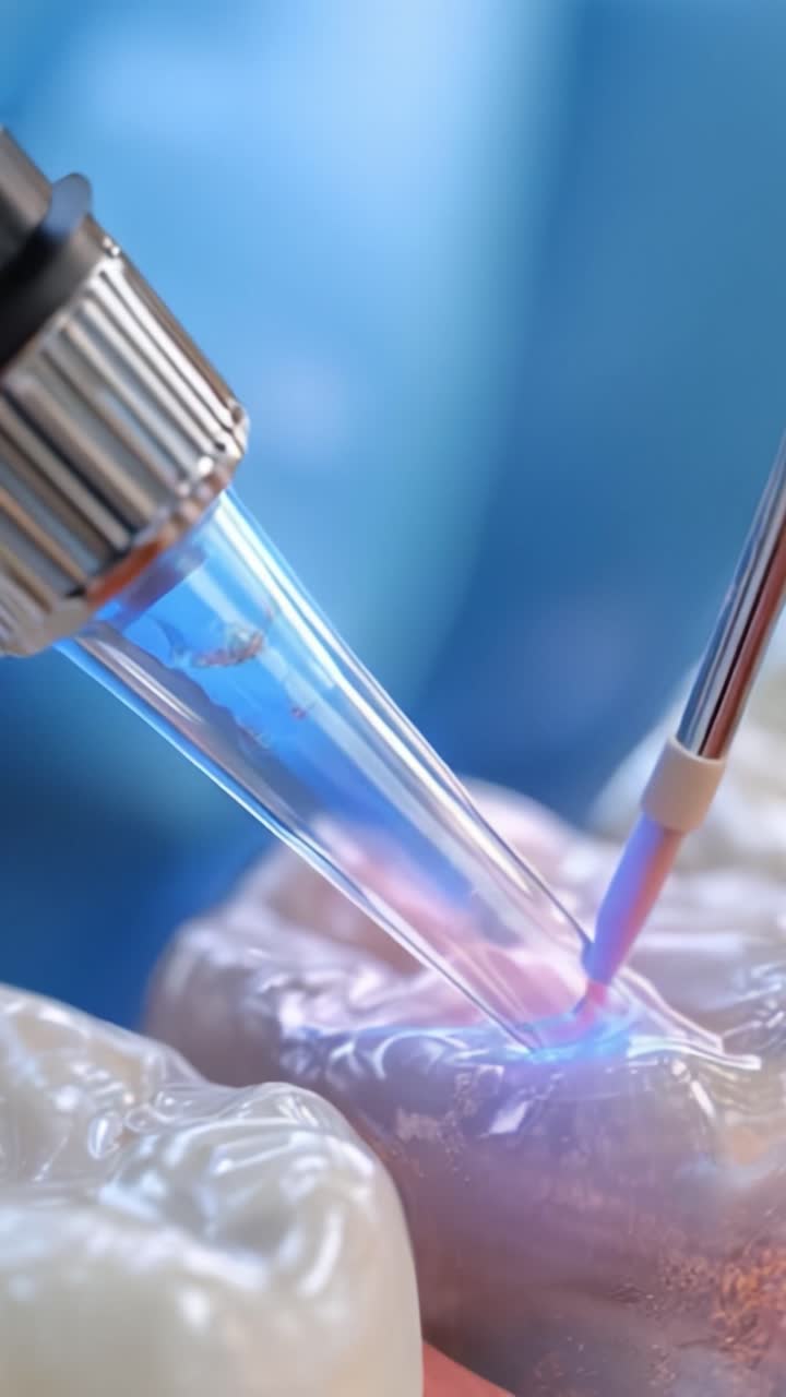 Close-Up of a Dental Procedure: Innovative Tools Utilizing Light for Cavity Treatment and Restoration in a Clinical Setting with Soft Focus Background