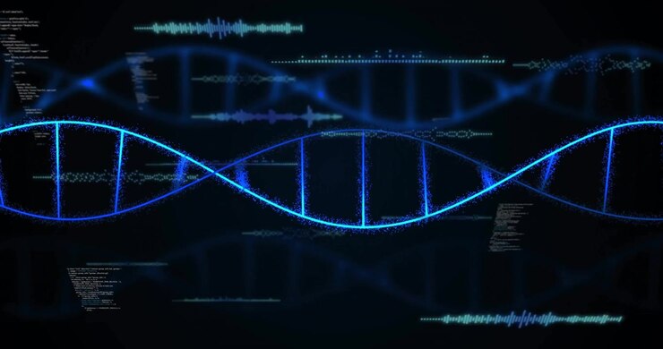 Animated Glowing DNA Double Helix with Digital Data Background