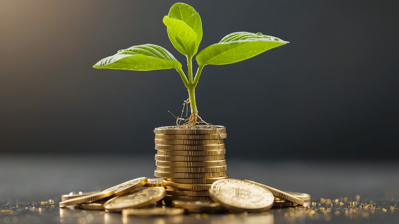 Green seedling sprouting atop gold coin stack with bitcoin tokens on tabletop, showing growth