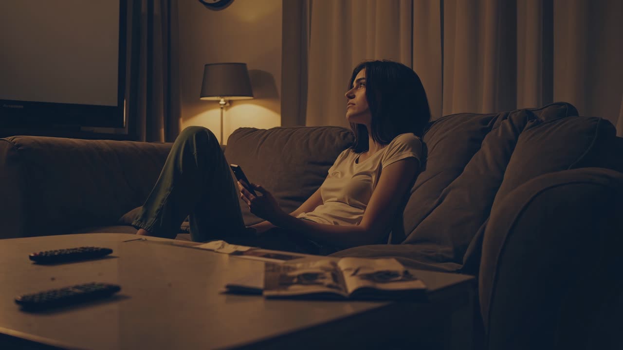 Un'accogliente scena serale con una donna su un divano, illuminata da una calda luce ambientale