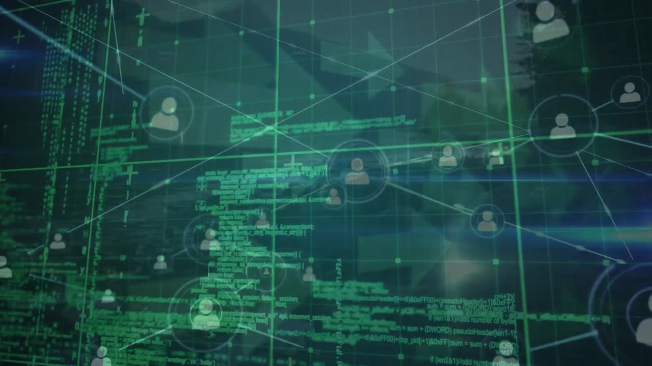 animación de la red de conexiones con iconos y procesamiento de datos sobre el paisaje