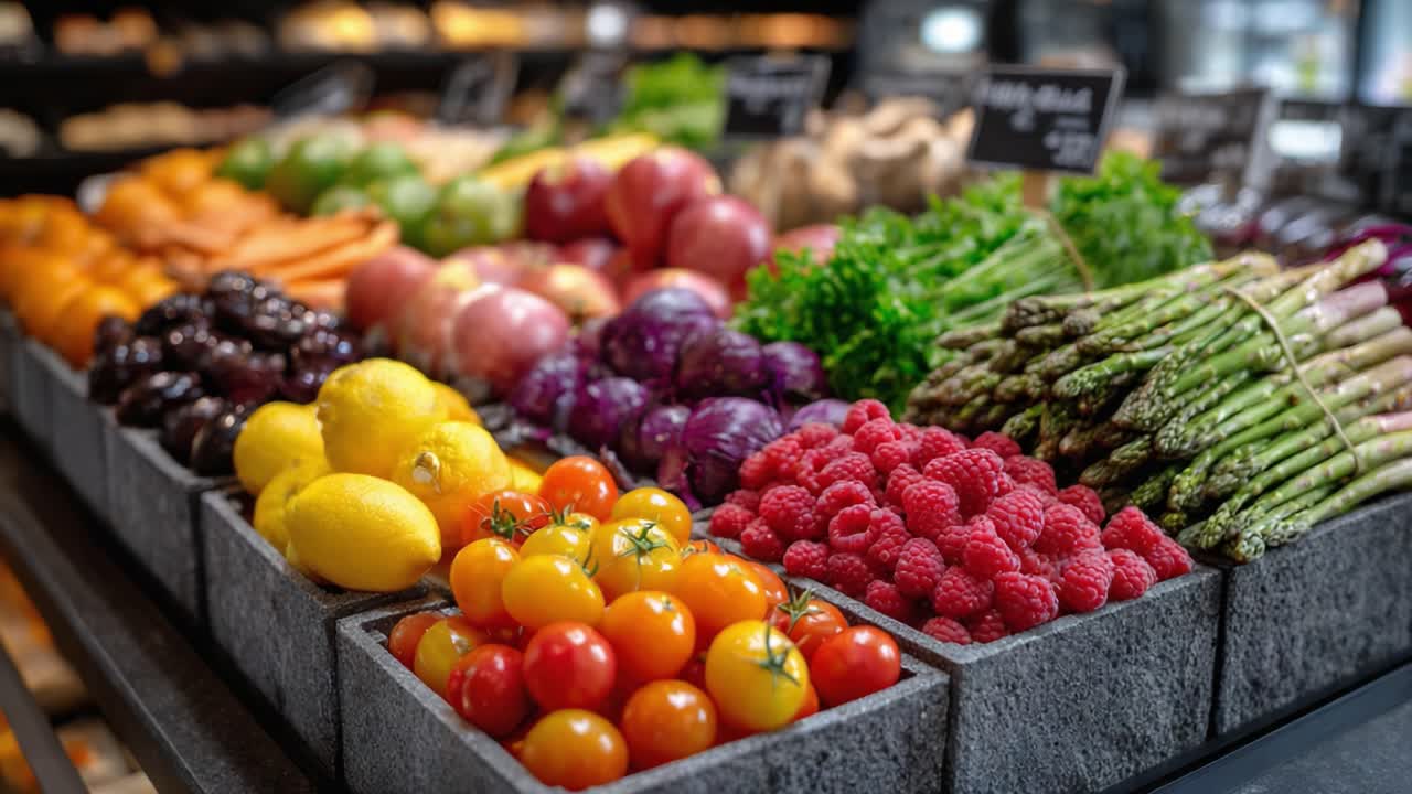Vibrant Selection of Fresh Fruits and Vegetables Displayed in Market Baskets: A Colorful Array of Seasonal Produce for Health-Conscious Shoppers