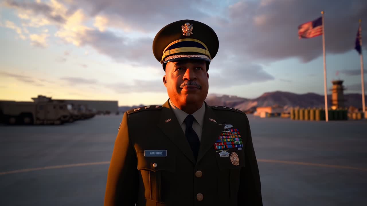 Ripresa video dal basso di un ufficiale militare al tramonto, che enfatizza autorità e orgoglio.