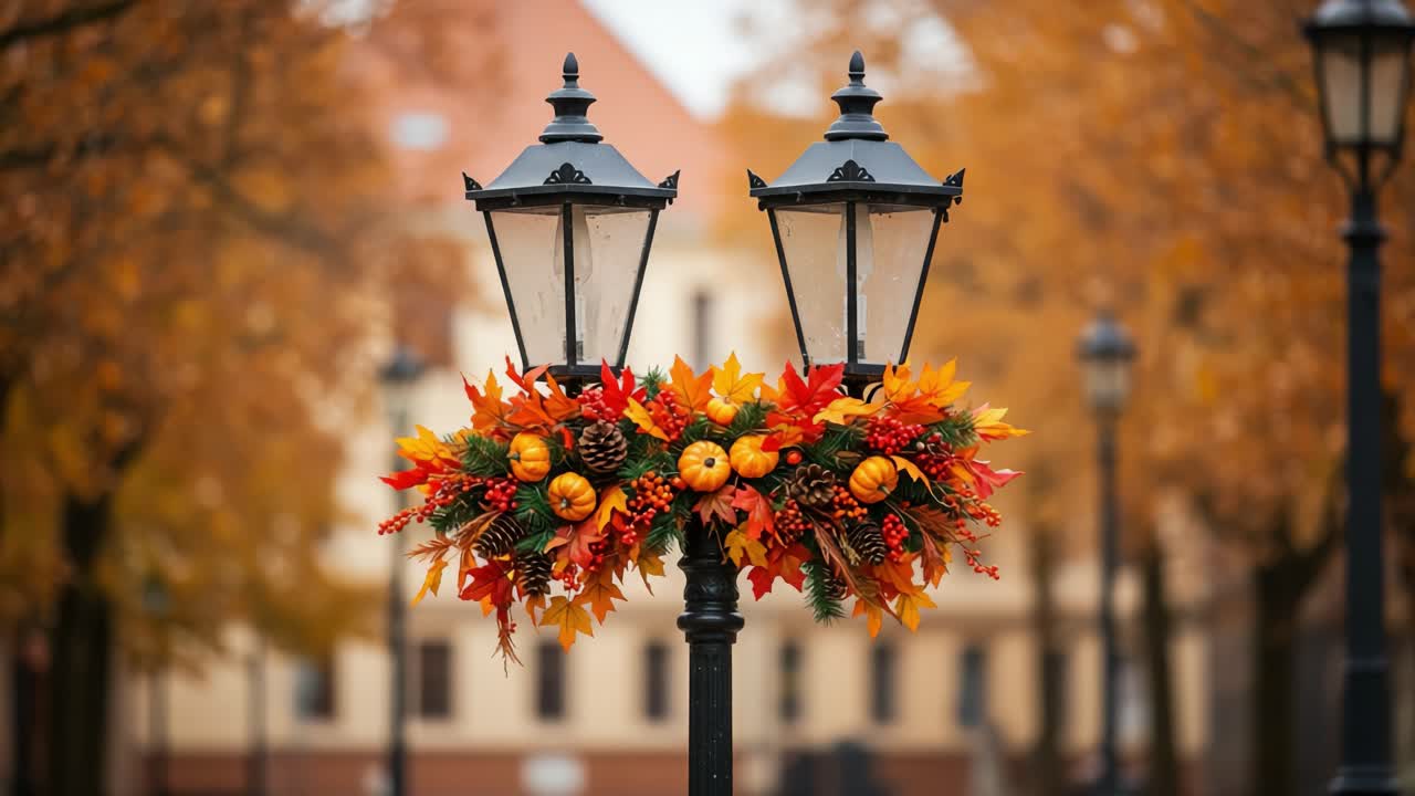 Beautifully Decorated Street Lamps Adorned with Autumn Flora and Seasonal Decorations Create a Cozy Atmosphere in a Charming Environment Surrounded by Fall Foliage