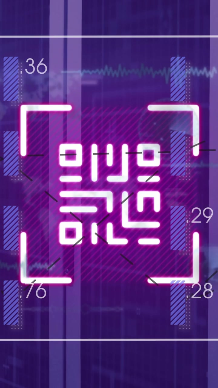 Animation von QR-Code und Datenverarbeitung über einem Serverraum