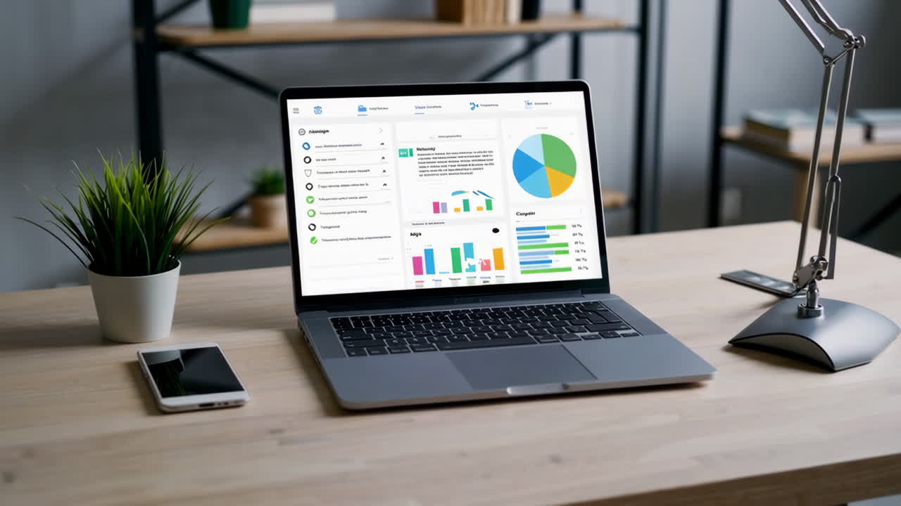 Laptop on a Desk with Business Data Displayed