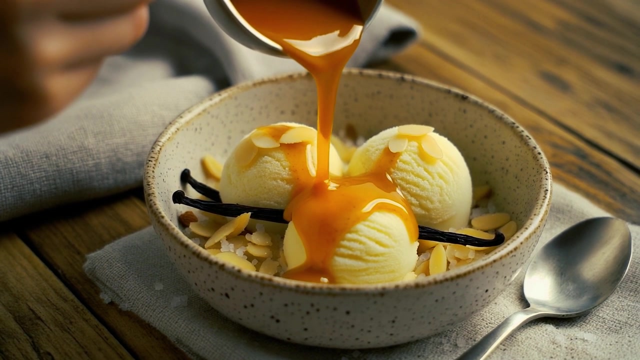 Caramel Sauce Being Poured Over Vanilla Ice Cream Scoops