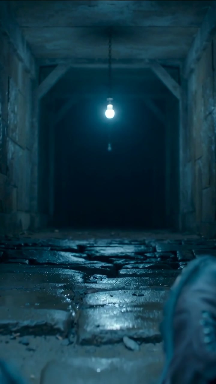 Vertical video: Bulb lighting narrow cellar, person in dark shoes shifting feet on wet floor