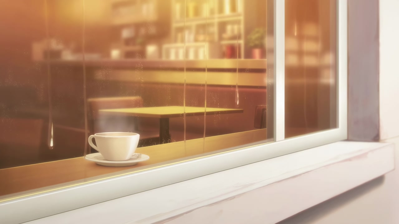 Tazza sul davanzale in un caffè inondata dalla calda luce solare mattutina, interno accogliente e vuoto con librerie sfocate