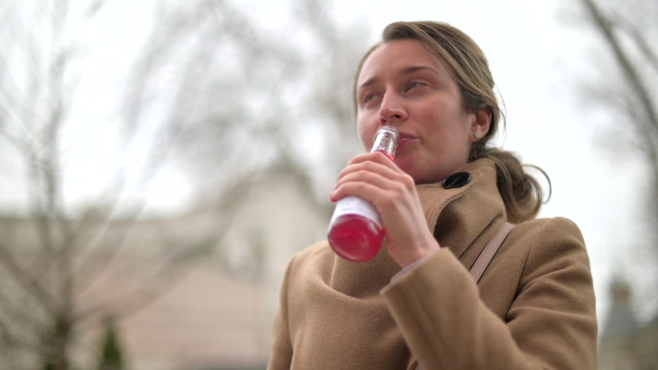 Woman in brown coat drinking a pink beverage outside