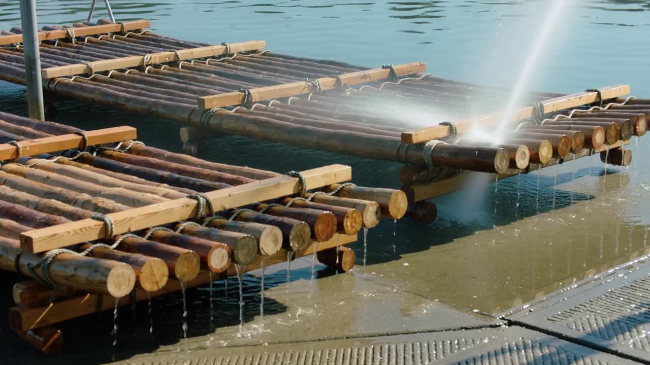 Balsas de troncos de madera balanceándose en la rampa mientras una boquilla de alta presión rocía desde la derecha, creando escorrentía