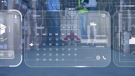 Animation-of-data-processing-on-screens-over-diverse-people-working-in-warehouse
