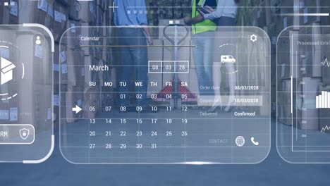 animación del procesamiento de datos en pantallas sobre diversas personas que trabajan en el almacén
