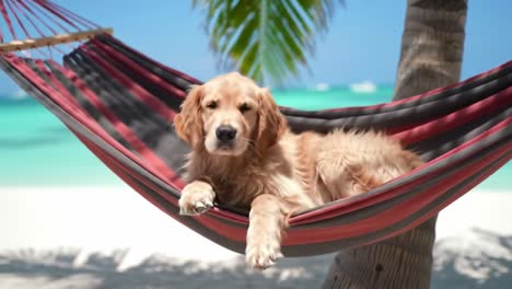 a relaxed golden retriever enjoys a tropical paradise, lounging comfortably in a hammock under a palm tree by a serene beach with crystal clear waters