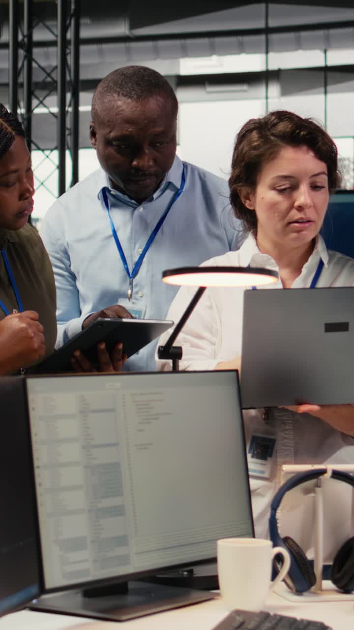 Vertical video Engineering team working in AI startup training predictive models