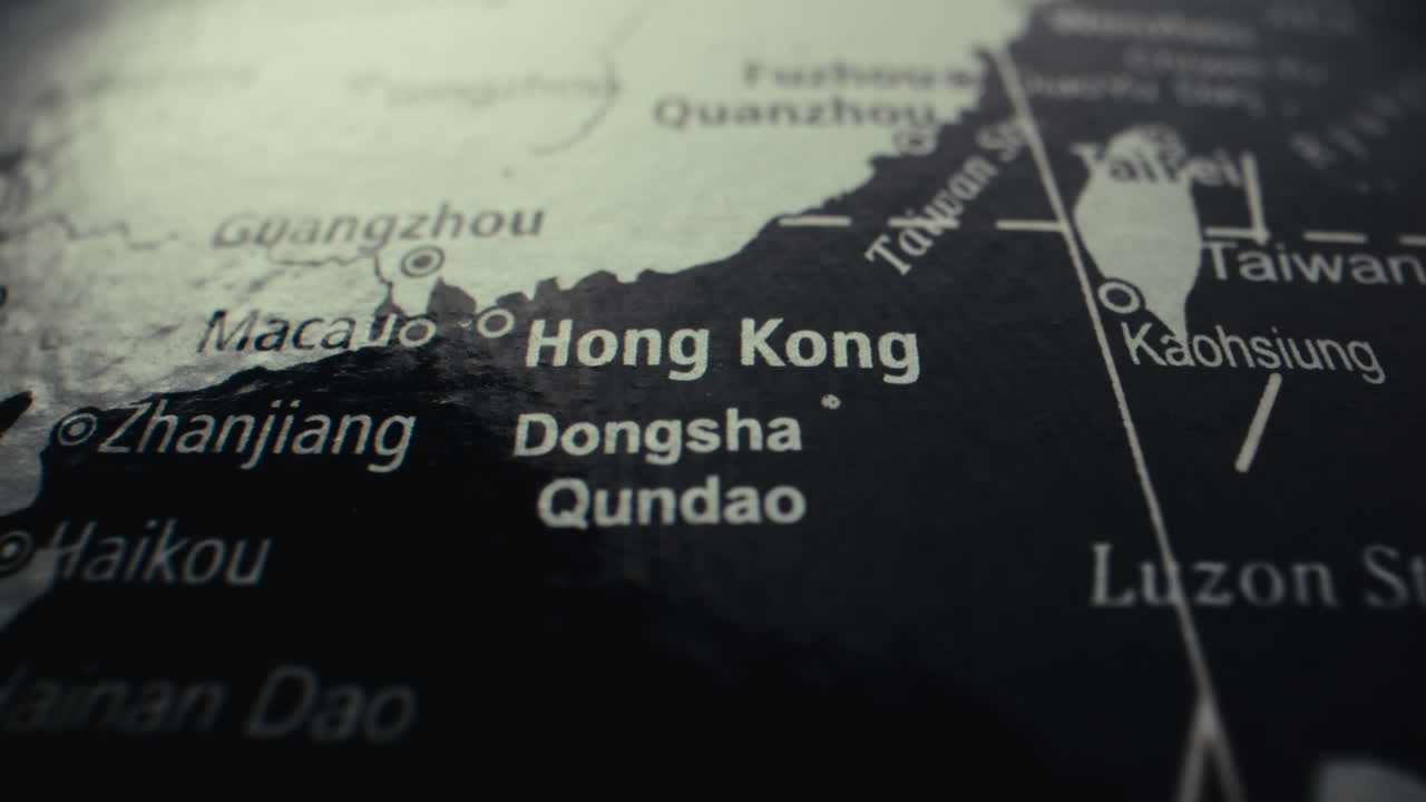 Close-up of a world map focusing on the region of Hong Kong and surrounding areas.