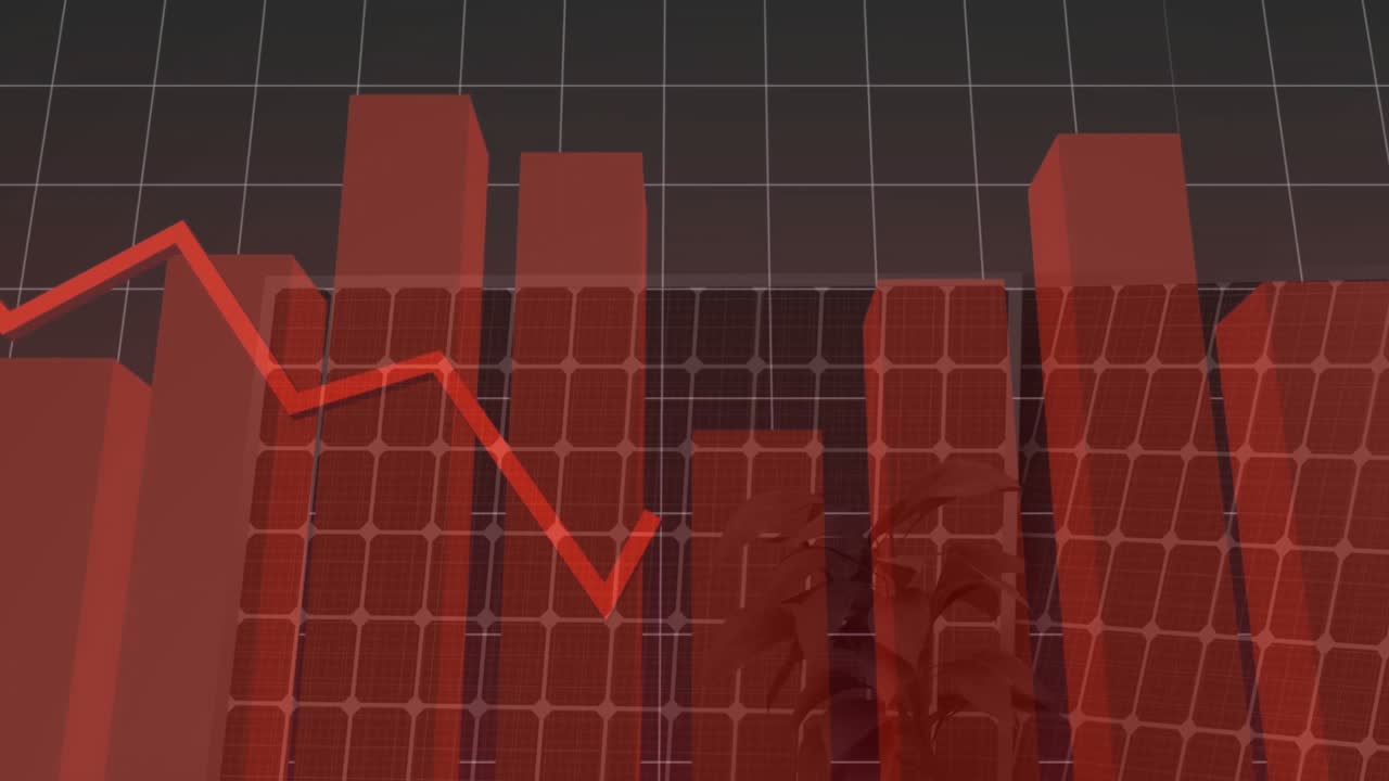 Solar panel grid background with red bar graph and fluctuating line chart animation