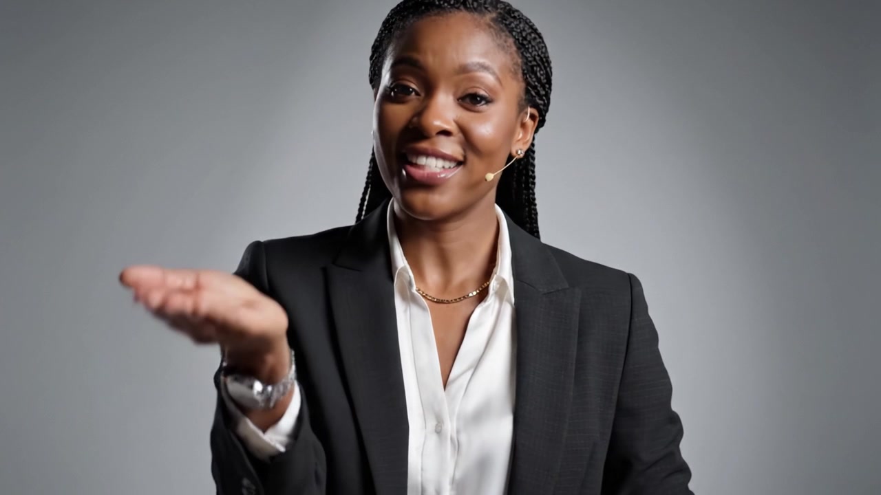 Confident Professional Engaging in Conversation with Expressive Gestures and a Warm Smile, Showcasing Communication Skills in a Studio Setting