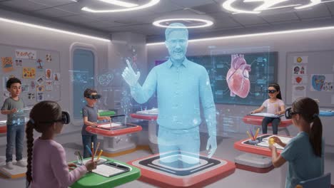an engaging modern classroom experience with a holographic teacher and students utilizing advanced technology to learn about the human heart and anatomy