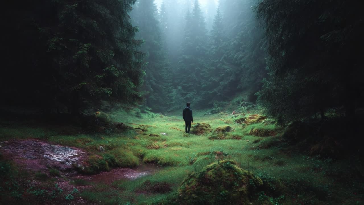 A solitary figure stands in a misty forest glade, surrounded by towering trees and lush greenery, evoking a sense of contemplation amidst nature's tranquility
