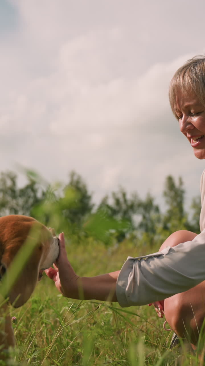 개 주인이 잔디에 앉아있는 동안 애완동물에게 장난스럽게 손을 흔들고 개 귀에 나비가 앉아 있으며, 주인과 개는 뒷면에 나무가 있는 은 하늘 아래 행복하게 상호 작용합니다.