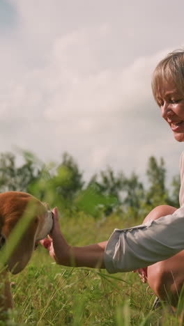 dog owner playfully giving handshake to pet while squatting in grassy field with butterfly perched on dog's ear, owner and dog interacting happily under clear sky with trees in background