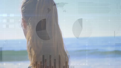 standing on beach, woman with charts and graphs animation overlay