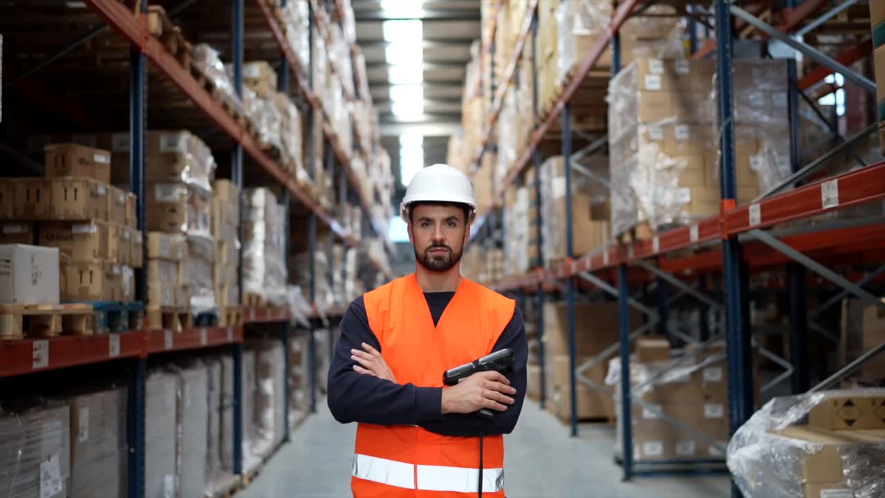 Magazziniere con gilet e cappello di sicurezza