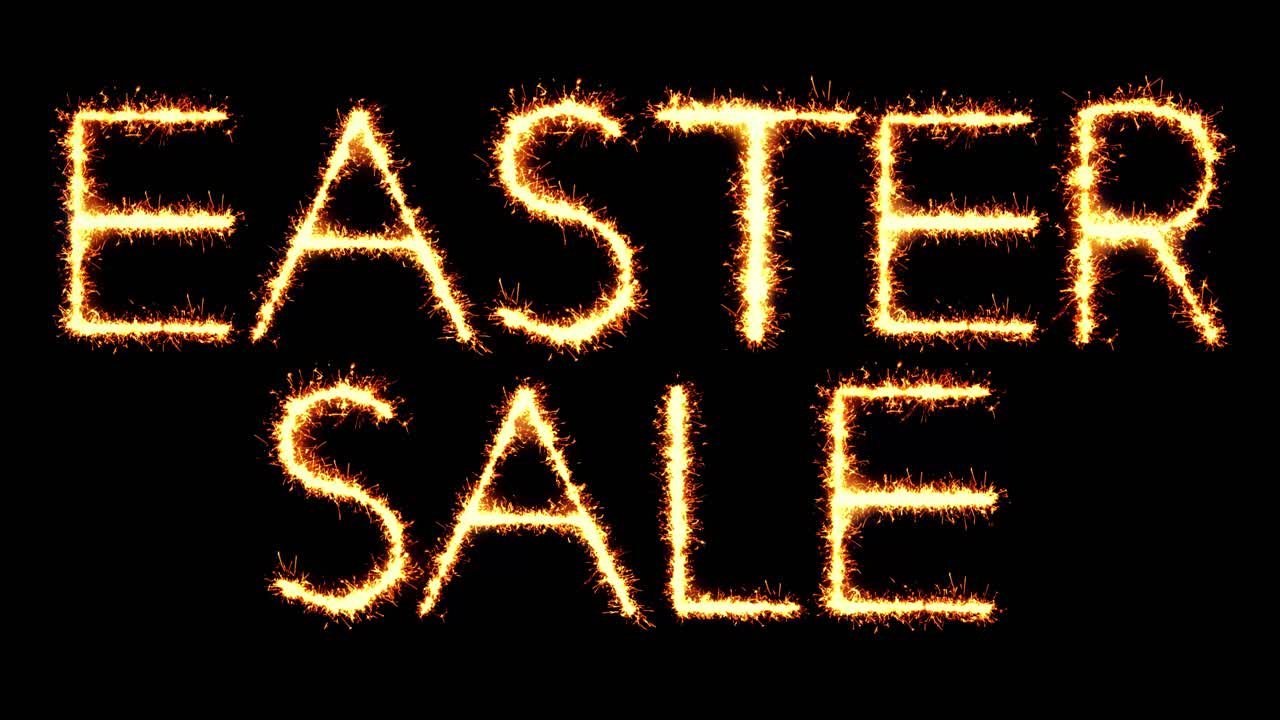 Easter sale text sparkler writing with glitter sparks particles firework on black 4k loop background