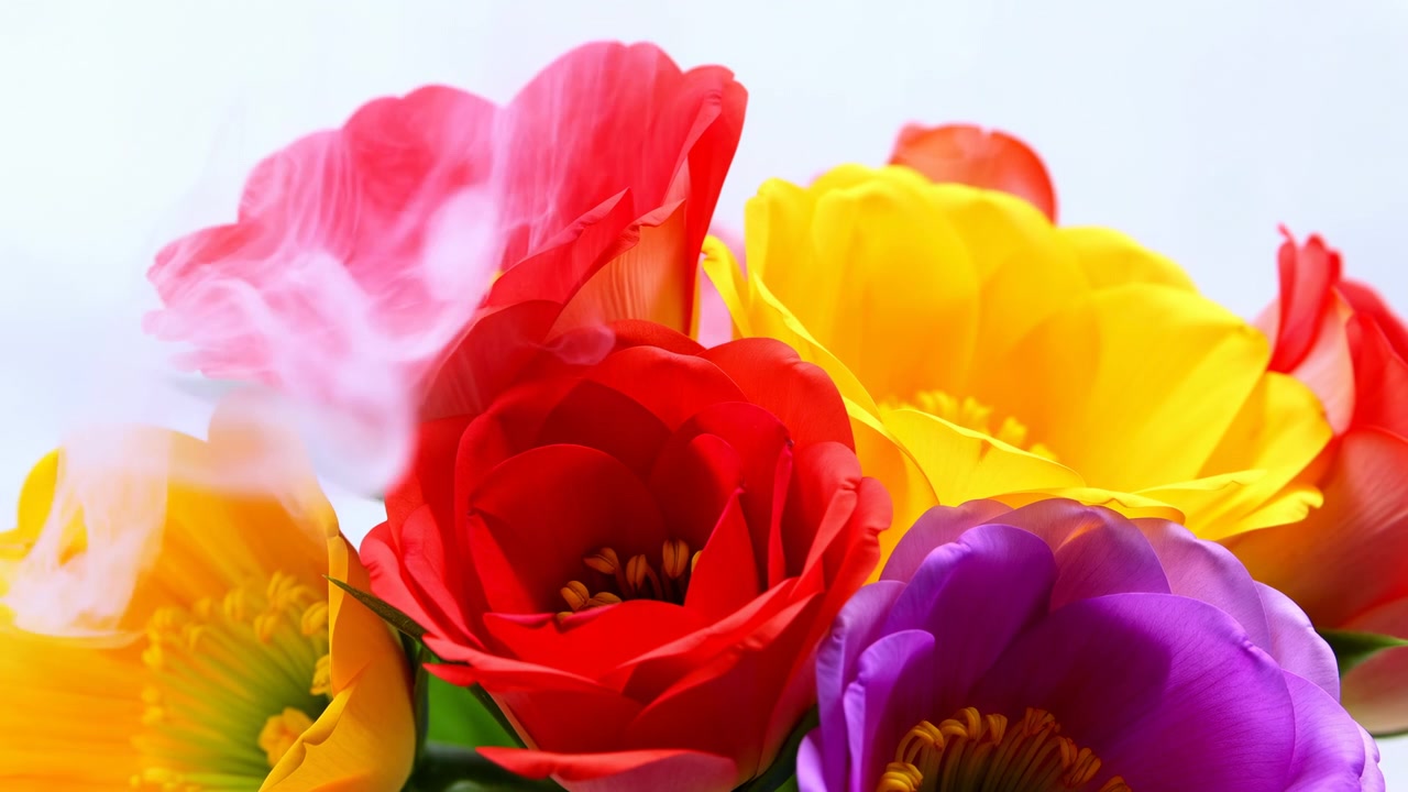 Ramo de colores variados llena la parte inferior de la escena con flores rojas, amarillas, moradas y naranjas, mientras una niebla pálida se desliza sobre las flores, creando un contraste suave, una textura fresca y un ambiente de estudio elegante.