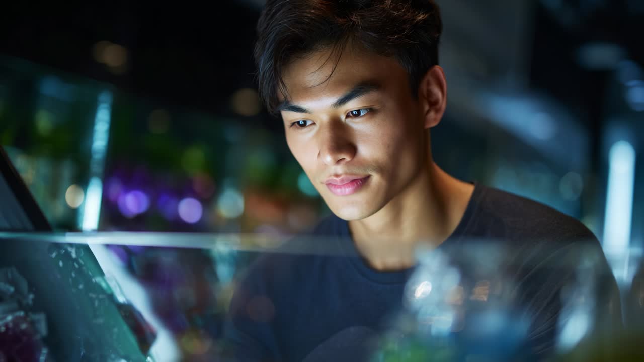 An Engaging Interaction with Digital Technology: A Focused Young Individual Dives into a Modern Display of Colorful Visuals, Captivated and Inspired by the Array of Choices Available in the Digital Environment