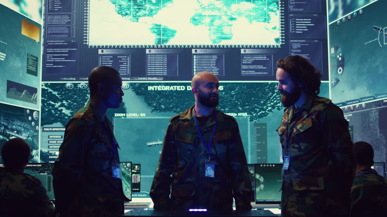 especialistas en operaciones de la marina monitoreando el radar de vigilancia a través de un holograma