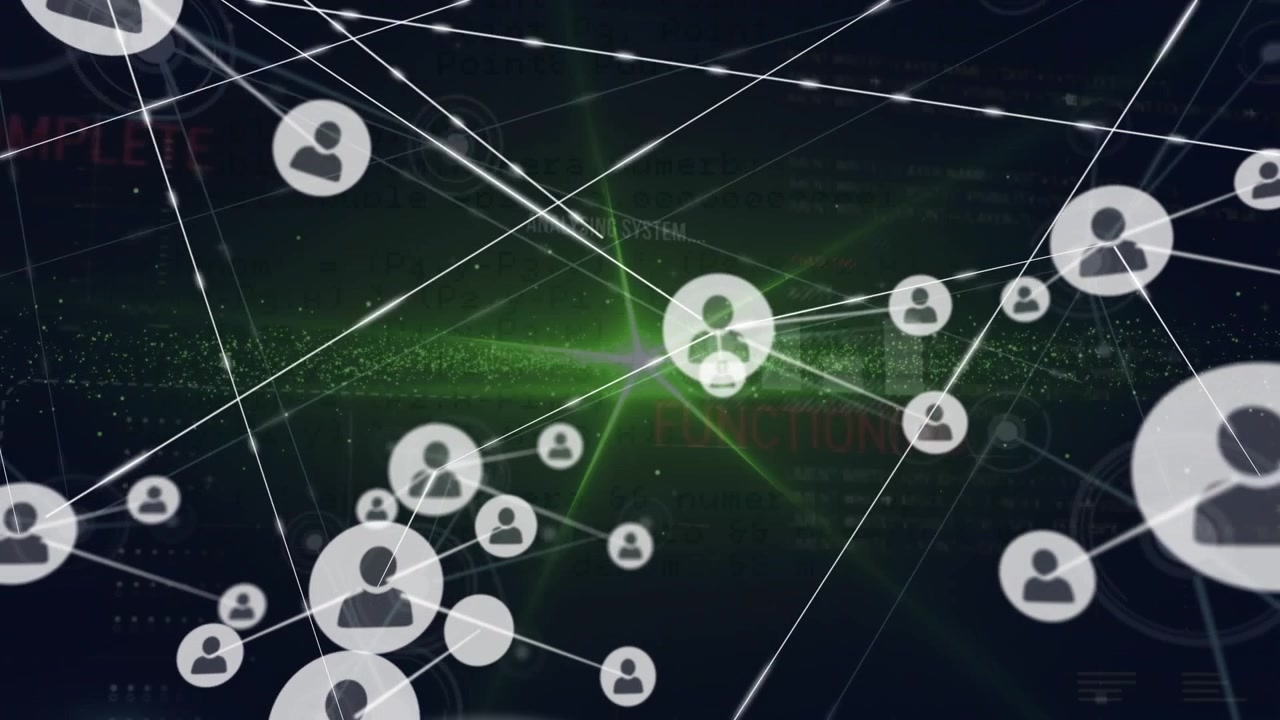 Animation of icons connected with lines over lens flare against black background