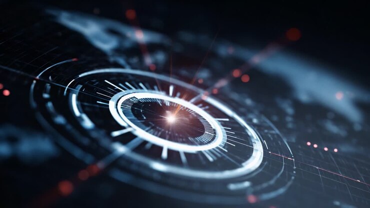 Futuristic Digital Technology Interface with Circular Data Visualization and Glowing Elements Against a Dark Background to Illustrate Modern Connectivity Concepts