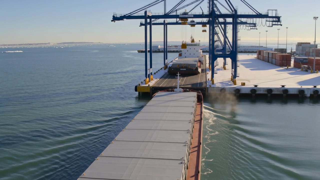 Nave da carico che si avvicina e si allinea con la banchina vicino a gru blu, usando i propulsori per l'attracco, spruzzando.