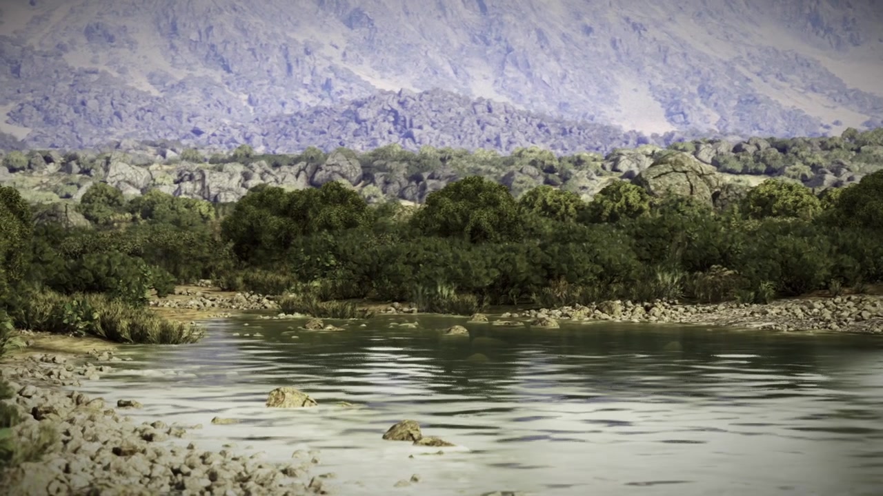 Peaceful nature scene tranquil waterway bordered by flora and rocks