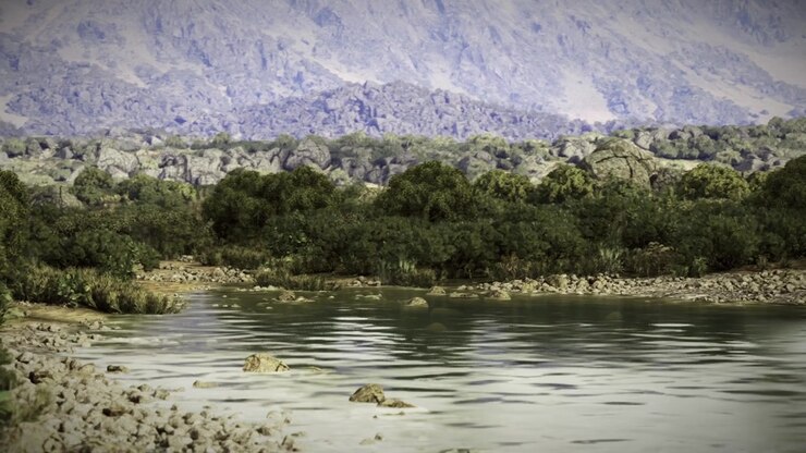 Peaceful nature scene tranquil waterway bordered by flora and rocks