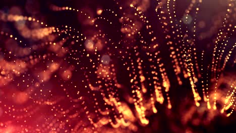 3d fondo rojo dorado con fantásticas partículas luminosas. animación 3d en bucle con profundidad de campo, efectos de luz. fondo digital moderno. líneas curvas 1