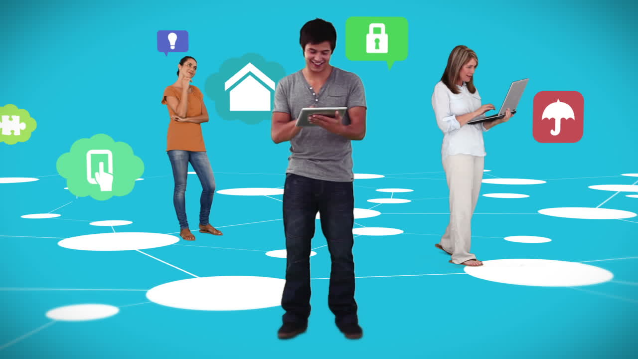 앱 아이콘과 함께 연결 라인에 서 있는 캐주얼 사람들