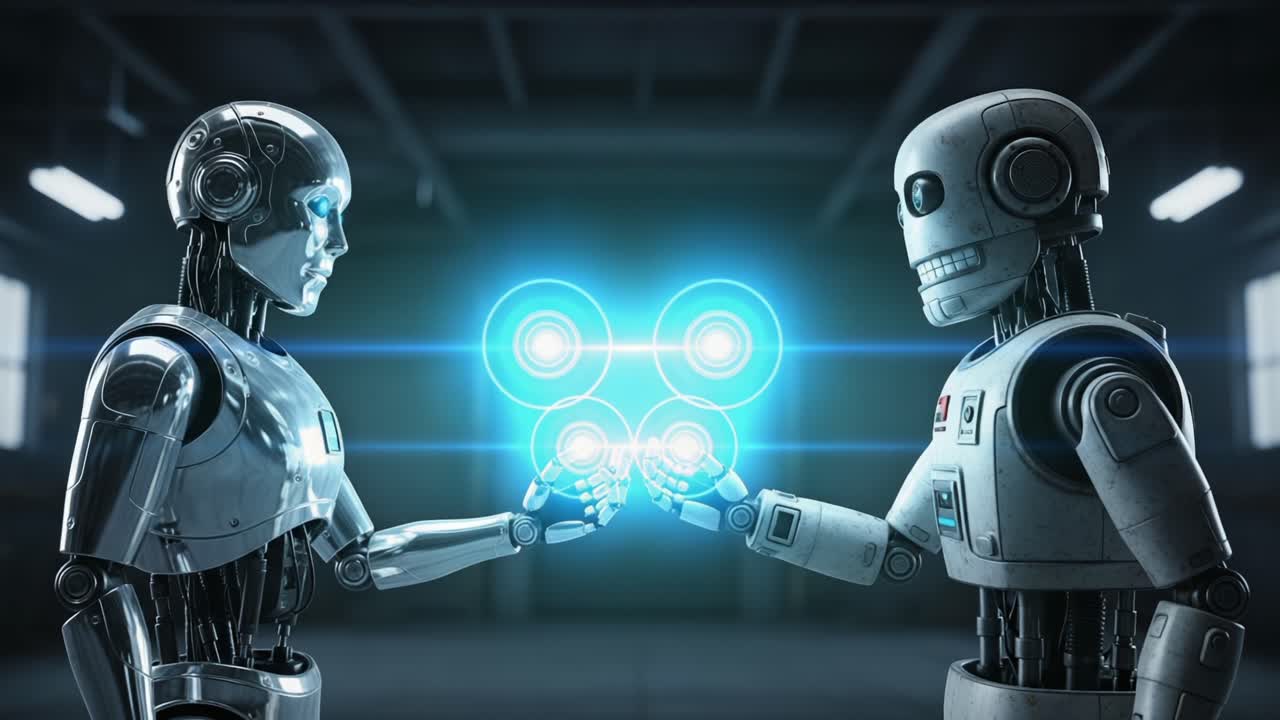Exploring the Connection Between Two Robotic Beings as They Exchange Energy in a Futuristic Setting, Highlighting the Uniqueness of AI and Mechanical Life Forms