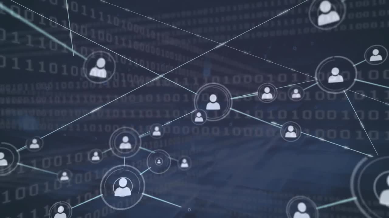 Animation of network of connections and binary code over navy background