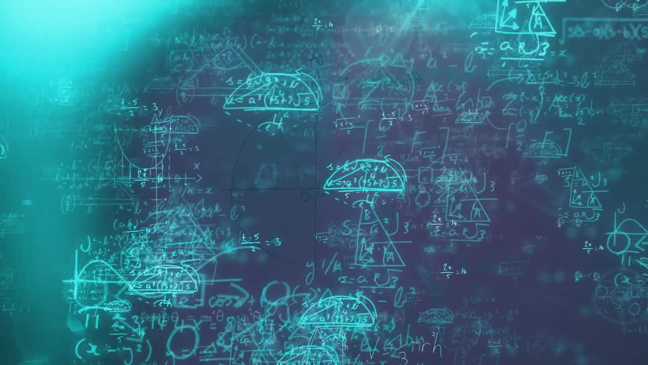 Animation of mathematical formulae moving with multiple blue lights on black background