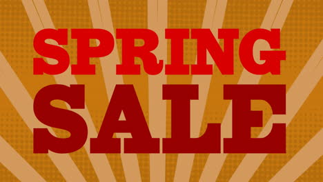 animación del texto de la venta de primavera en letras rojas sobre rayas naranjas giratorias
