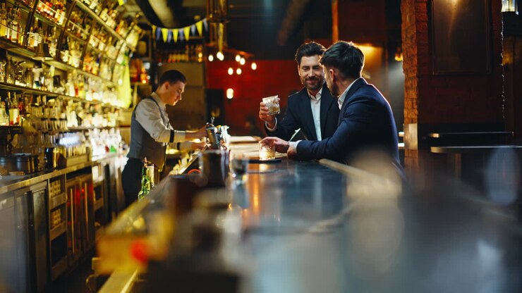 Due uomini che parlano in un bar e si rilassano insieme dopo il lavoro. Colleghi che fanno un brindisi.