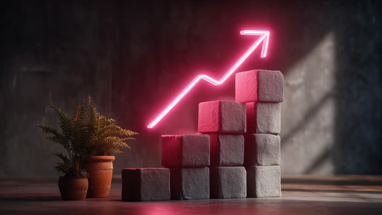 A visually striking representation of growth and success, featuring stacked blocks with a glowing arrow, symbolizing progress, potential, and the elevation of goals in a creative setting
