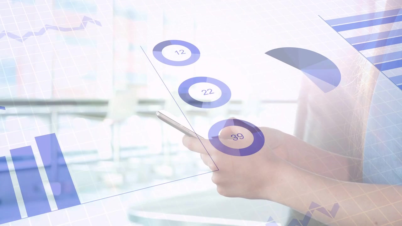 Female analyst tapping smartphone and initiating business charts overlaying scene, tracking metrics
