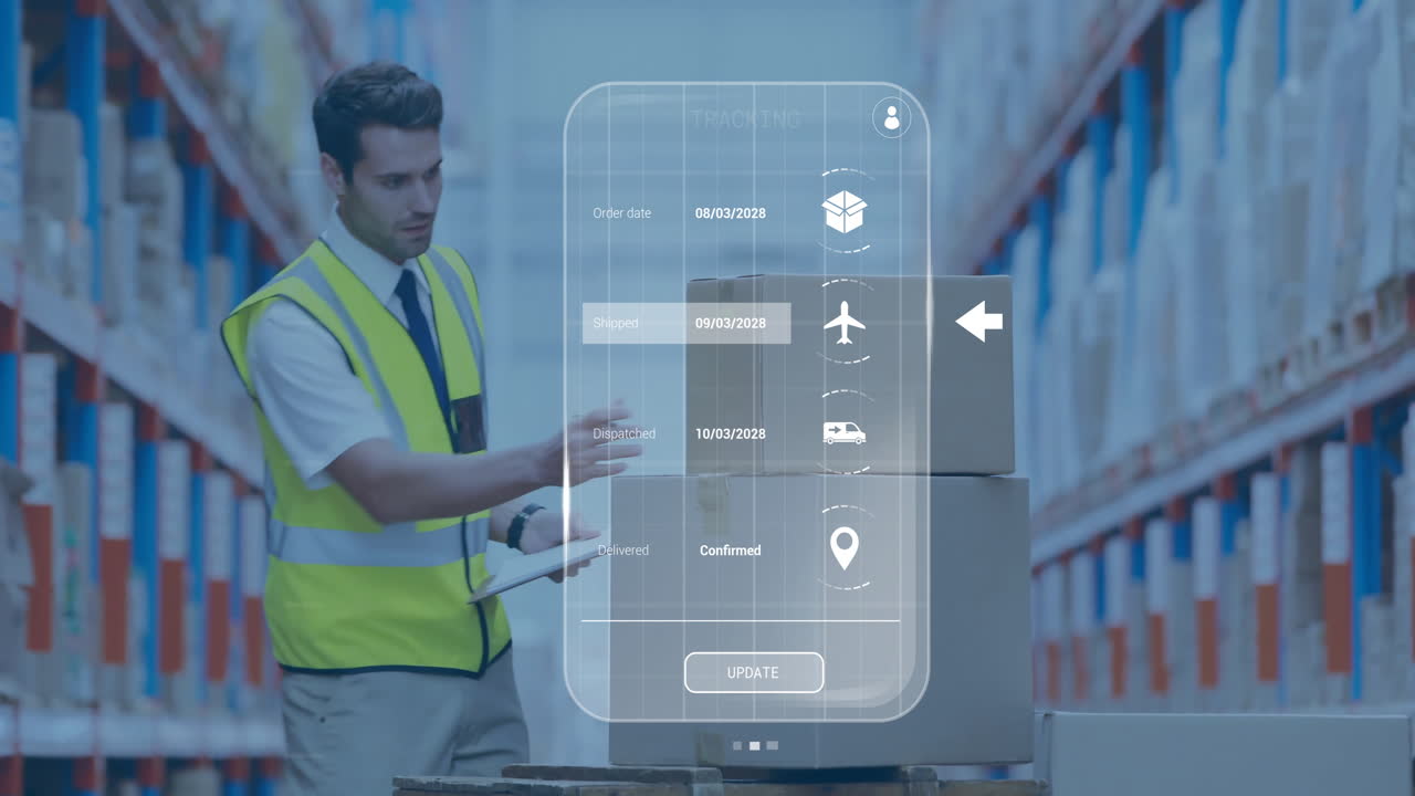 animación de iconos de los medios sobre trabajador caucásico en un almacén